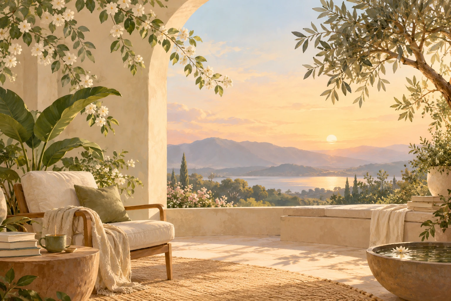 A sunlit stone terrace with a cushioned chair, jasmine and an olive tree, looking through an arch to hills and a lake at sunset.